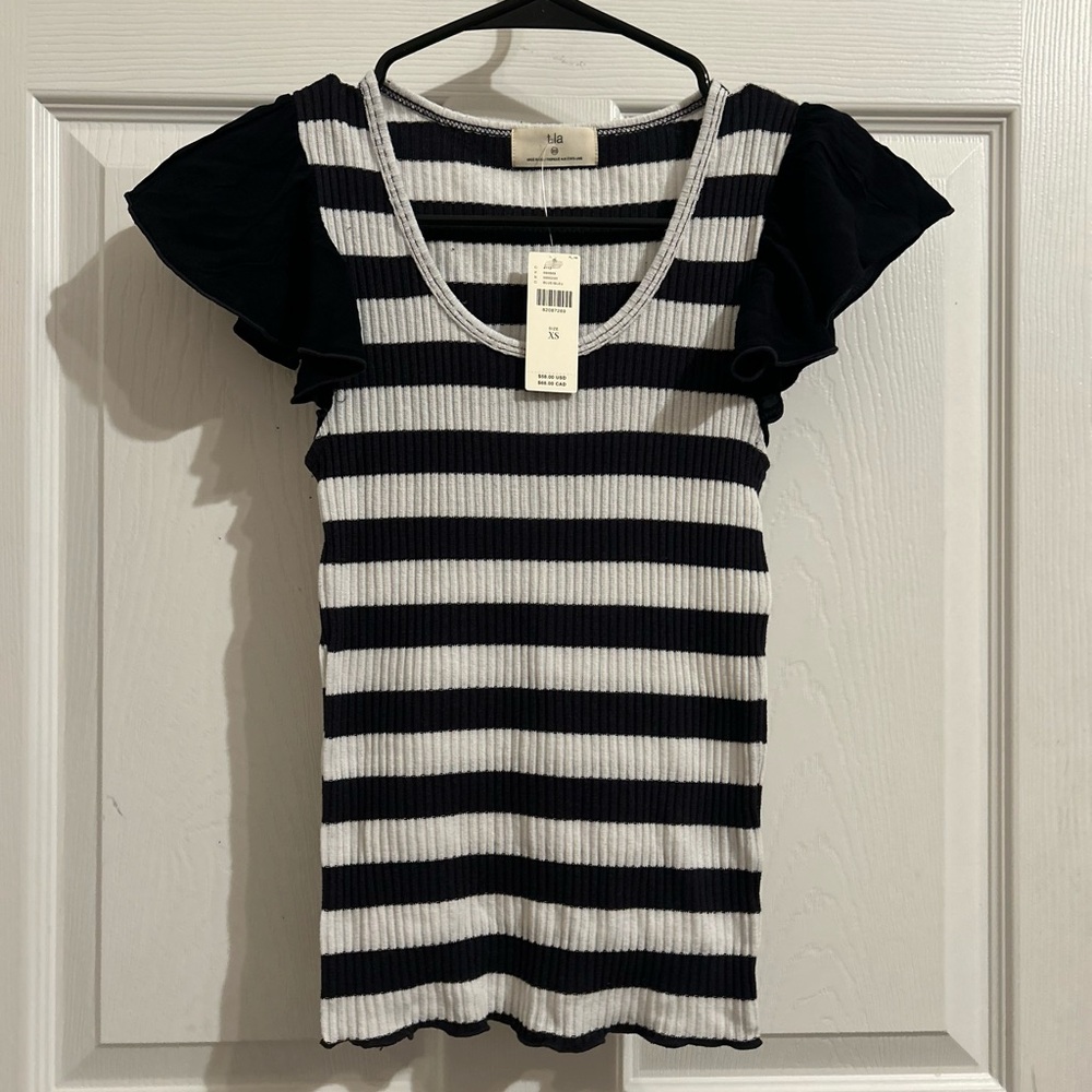 T.la Black and White Flutter Sleeve Ribbed Tee